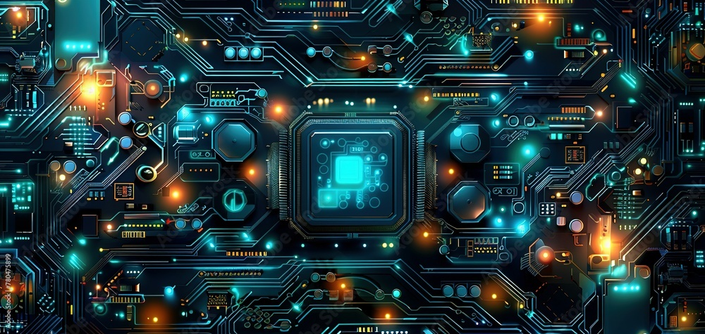 Fototapeta premium Abstract circuit board with a lot of micro chips.3d illustration computer processor circuit board for server.