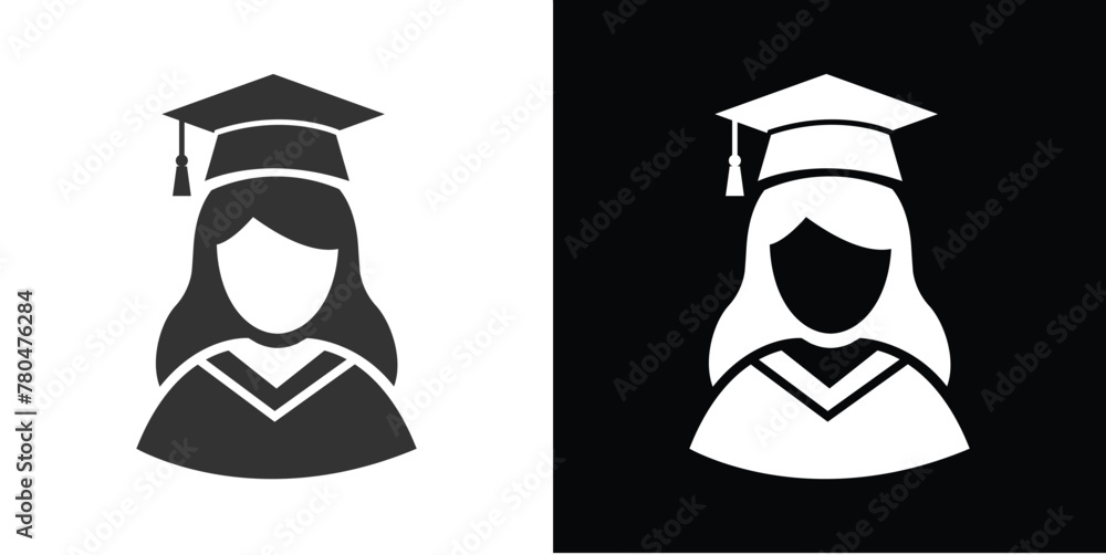 women with graduation cap icon black and white - obrazy, fototapety, plakaty 