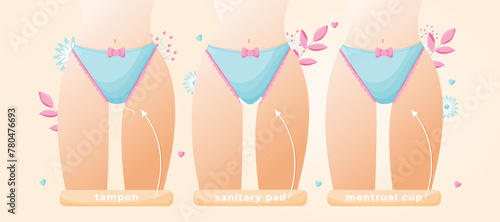 Feminine hygiene. Female body in panties. Choice between tampon, sanitary pad and menstrual cup. Choosing of feminine hygiene. Vector illustration EPS 10
