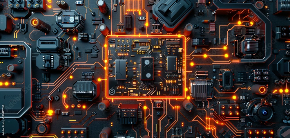 Abstract circuit board with a lot of micro chips.3d illustration computer processor circuit board for server. Abstract circuit board with a lot of micro chips.3d illustration computer processor circuit board for server.