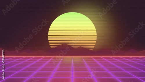 80s retro futuristic sci-fi seamless loop. Retrowave VJ videogame landscape, neon lights and low poly terrain grid. Stylized vintage vaporwave 3D animation background with mountains, sun and stars. 4K photo