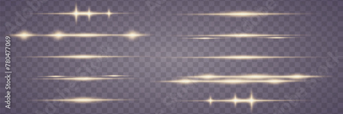 Set of bright golden flashes and lights. Horizontal flashes of lines and light flare. On a transparent background.