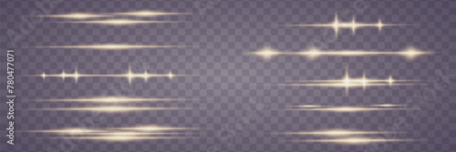 Set of bright golden flashes and lights. Horizontal flashes of lines and light flare. On a transparent background.