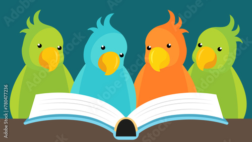 Parrots reading a book. Vector illustration of parrots reading a book.