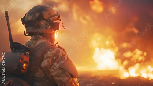 soldier in uniform with rifle near fire, military training combat, war concept photo