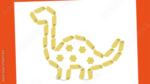 Illustration of a dino made of pasta on a white background.