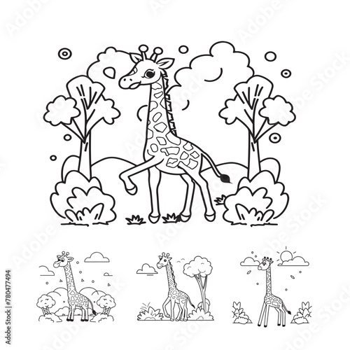 Vector illustration of cute giraffe outline coloring page for kids