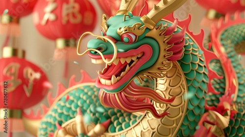Chinese dragon 3D banner china festive illustration invitation money party green japanese render celebration