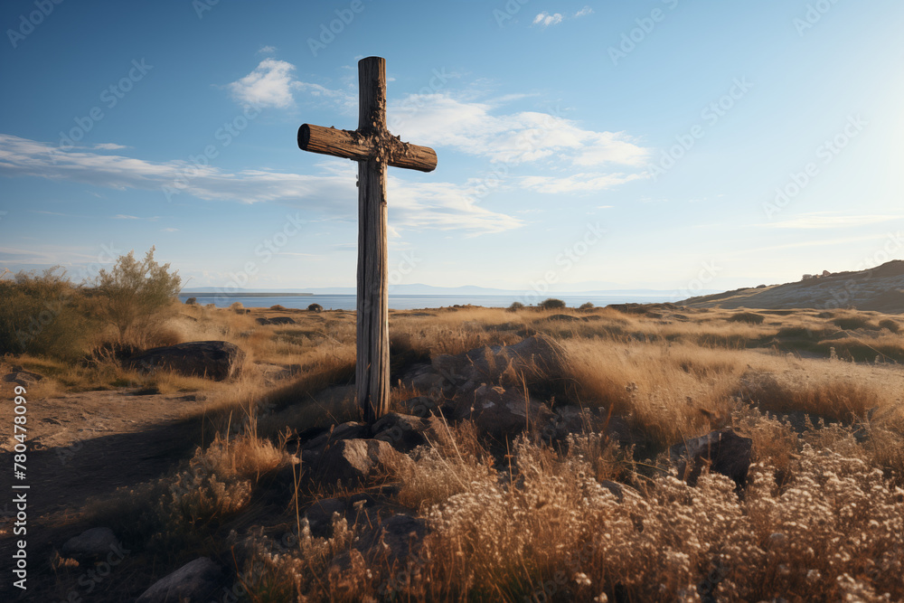 Christian religious cross with a landscape. Christian cross on a mountain. Topics related to the Christian religion. Christian grave.