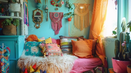 Cozy and colourful boho chic nook. Love the kitsch knick knacks and bright pastels photo