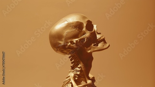 A minimalist 169 golden sculpture skeleton against an abstract dark reddish brown, taupe, and light peachy background, emphasizing negative space with a raw style.