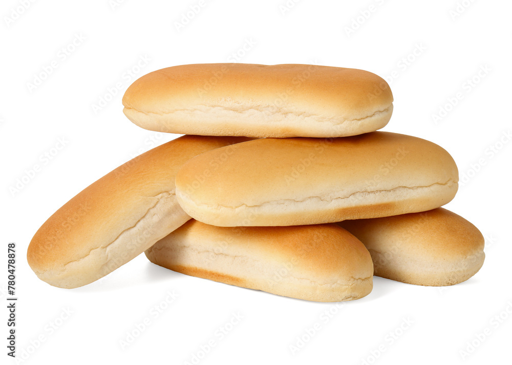 Many fresh hot dog buns isolated on white