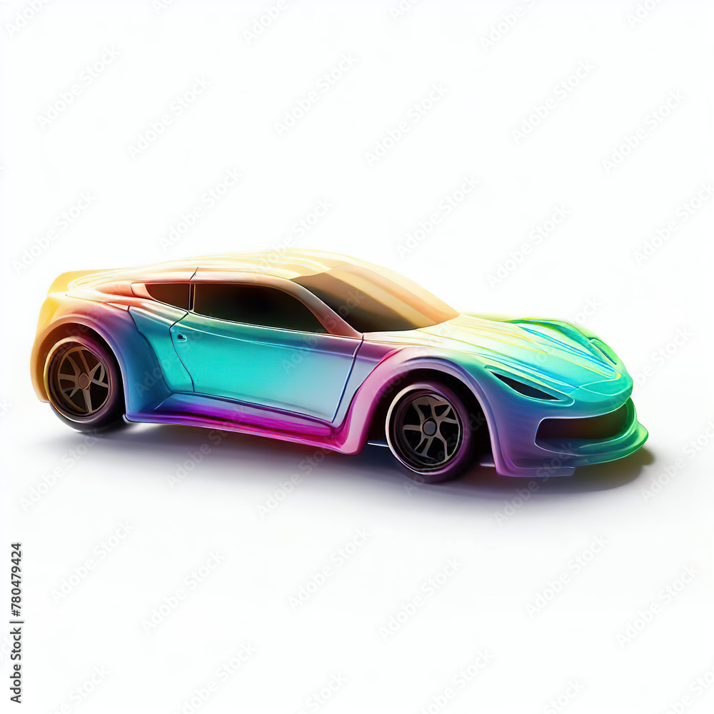 Naklejka premium a classic sport car with bright colors isolated on a white background. shiny automobile with rainbow colors. 3d illustration made with generative AI technology 