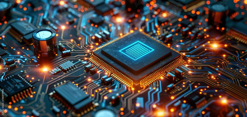 Obraz premium Abstract circuit board with a lot of micro chips.3d illustration computer processor circuit board for server.