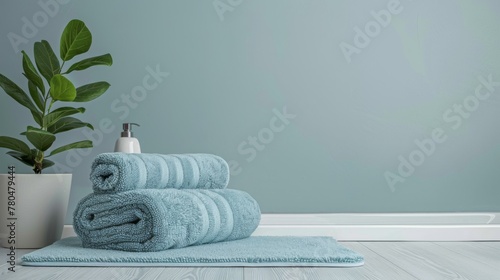 Bathroom interior with blue towels, soap dispenser, plant, decor, and minimalist hygiene comfort photo