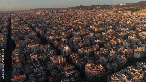 Panoramic aerial view of Barcelona cityscape with octagon buildings. Streets and blocks