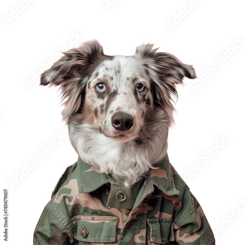 Dog in military attire gazes at the camera photo
