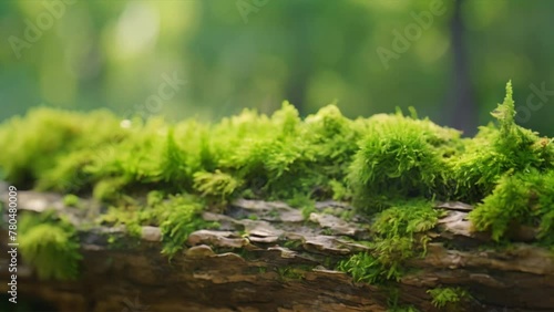 Lush green ferns peek through a carpet of moss on the forest floor and trees  describes a scene with ferns, green moss on the ground and trees photo