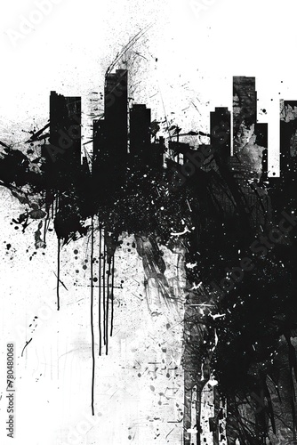 Black city buildings in ruins, adorned with graffiti and grunge paint splatter, portraying a scene of destruction and urban decay.