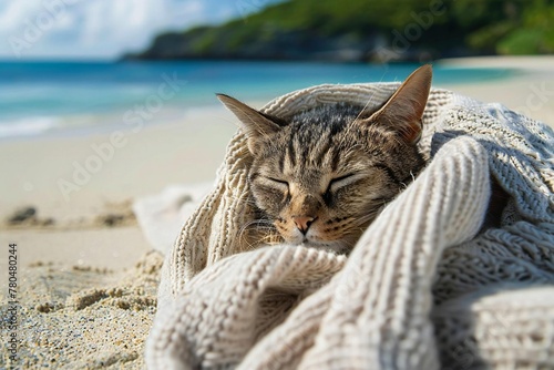 Cozy Summer Snuggle: Cute Kitten on Beach Holiday photo