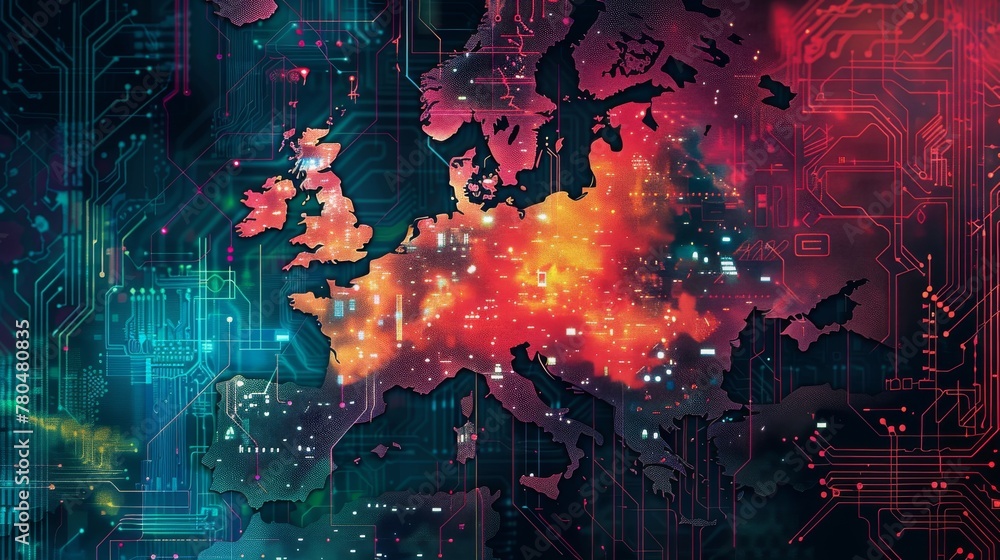 Europe map with a constellation of city lights on a dark circuit board