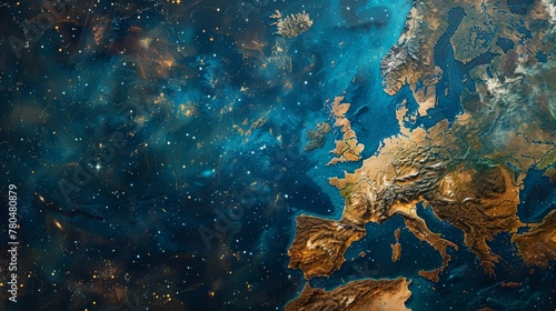 Europe map as a cosmic galaxy with stars and nebulae on a space background photo