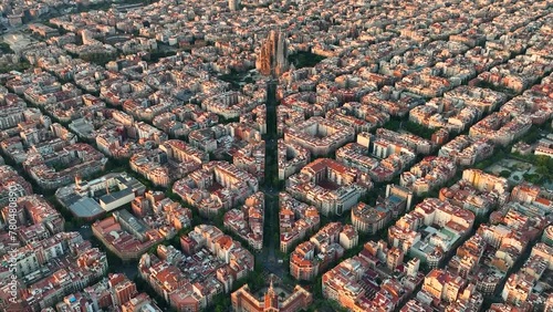 Panoramic aerial view of Barcelona cityscape with octagon buildings. Streets and blocks
