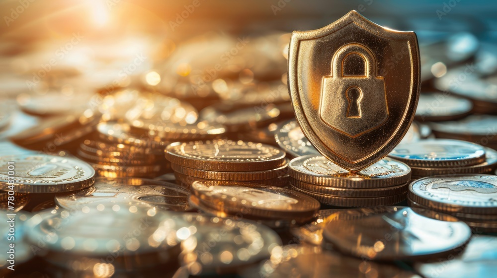 Security shield symbol, icon or emblem with padlock. Cybersecurity, bank protection or data protection concept background