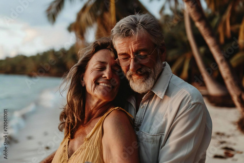 Retired couple enjoying affectionate sunset hug on beach