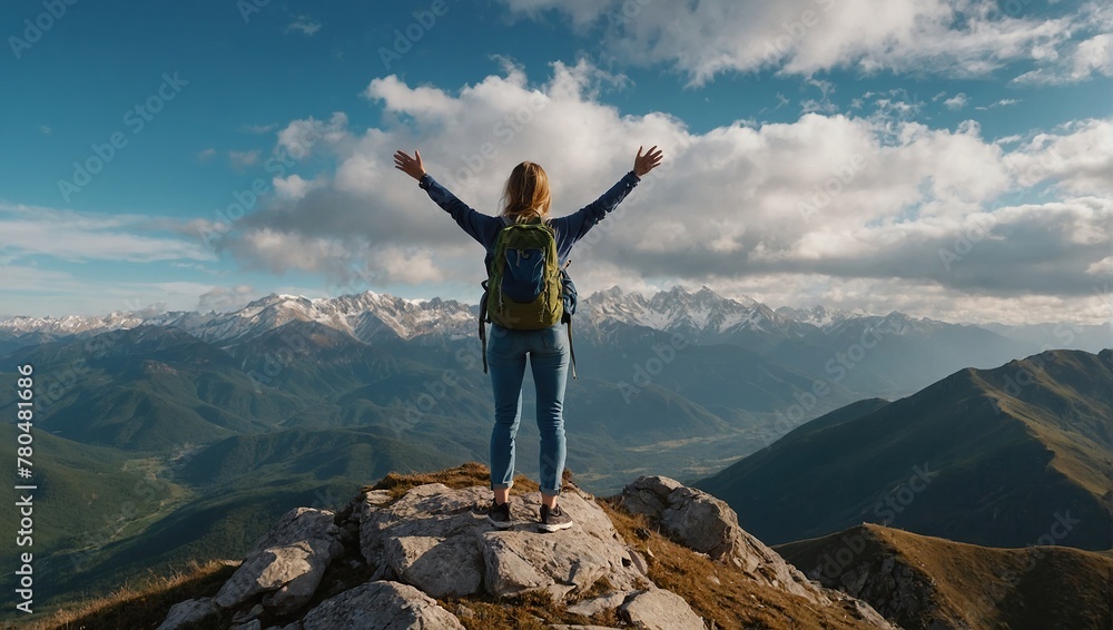 A young happy European woman with a tourist backpack stands on top of a rock in the mountains, travels and enjoys a beautiful view of the mountains, sky or nature. Untouched nature. travel. A young happy European woman with a tourist backpack stands on top of a rock in the mountains, travels and enjoys a beautiful view of the mountains, sky or nature. Untouched nature. travel.