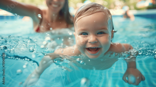 A baby is swimming in a pool while a woman is watching. The baby smiles and enjoys playing in the water.