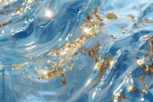 Light blue with bright gold reflections, hologram, flowing fabrics, sparkling water reflections background