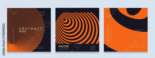 Black Orange Circle Swirl Line. Abstract Tech Futuristic Background in 80s-90s for Promo, Banner, Poster, Card, Cover. 3d Pattern Vector Illustration in Cyber Concept World Digital Technology.