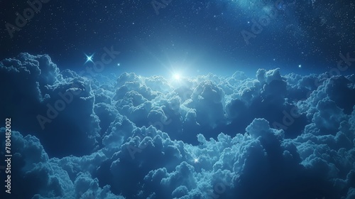 billowing clouds at night, rich texture visible against a deep blue celestial backdrop, stars scattered like diamonds, clouds catching the faint moonlight, AI Generative