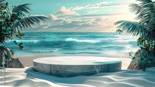 Beach podium summer background sand product 3D sea display platform. Beach podium summer banner stand scene sale sky holiday vacation stage water island sun travel pedestal promotion presentation ad © Tn