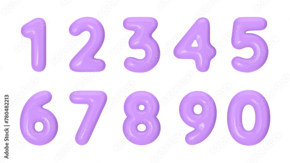 3D numbers plastic violet from 0 to 9. Vector illustration