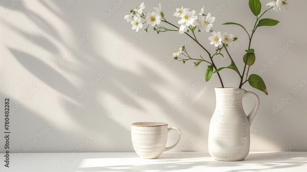 Eco-conscious decor, mug and vase with blooms on white, minimalist ethos, clean and airy, AI Generative - obrazy, fototapety, plakaty 