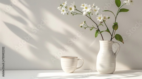 Eco-conscious decor, mug and vase with blooms on white, minimalist ethos, clean and airy, AI Generative