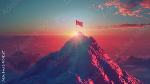Una bandiera in cima alla montagna simboleggia l'obiettivo raggiunto photo