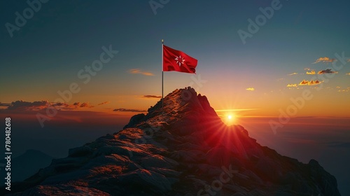 Una bandiera in cima alla montagna simboleggia l'obiettivo raggiunto photo