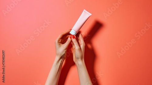 Mani di donna mostrano una confezione di crema. Sfondo rosa photo