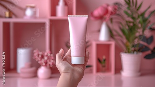 Mano di donna mostra tubetto di crema. Sullo sfondo piccola oggettistica rosa photo
