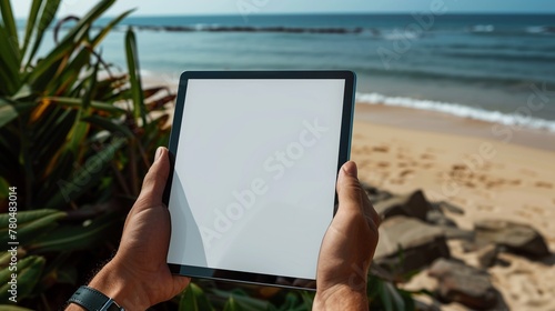 Persona tiene in mano un laptop mentre è in spiaggia photo