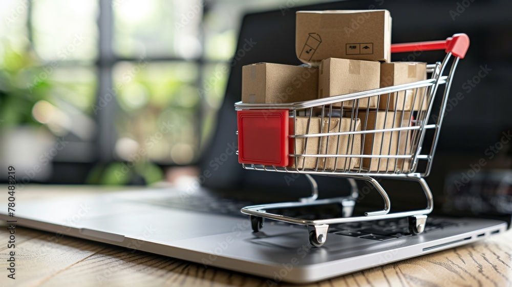 Concetto di shopping online con un carrello pieno di scatole sopra un computer portatile 