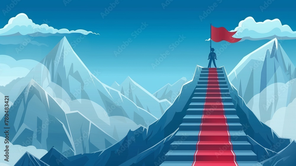 Persona che,  in cima ad una scalinata sulla montagna, ha raggiunto la bandiera, simbolo dell'obiettivo conseguito. - obrazy, fototapety, plakaty 