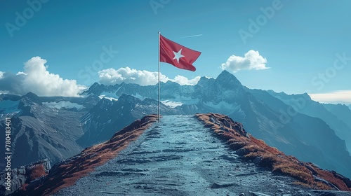 Strada che porta alla bandiera sulla cima della montagna, concetto di raggiungimento degli obiettivi aziendali photo