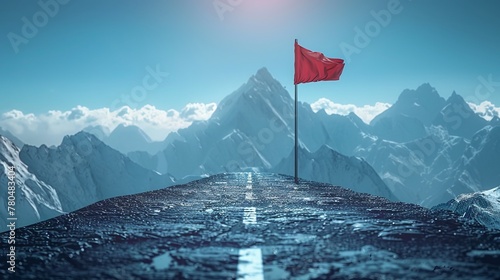 Strada che porta alla bandiera sulla cima della montagna, concetto di raggiungimento degli obiettivi aziendali photo