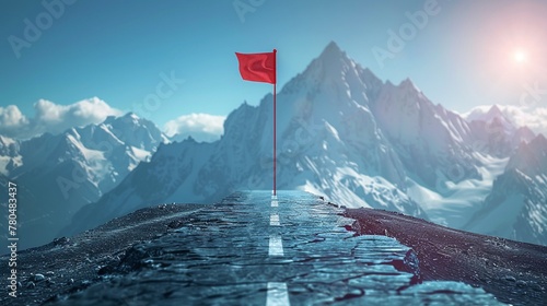 Paesaggio montano di colore azzurro con strada che porta alla bandiera, simbolo dell'obiettivo da raggiungere