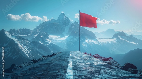 Paesaggio montano di colore azzurro con strada che porta alla bandiera, simbolo dell'obiettivo da raggiungere photo