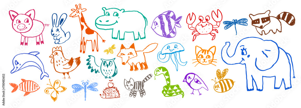Vector colorful line art illustration set of of cute animals
